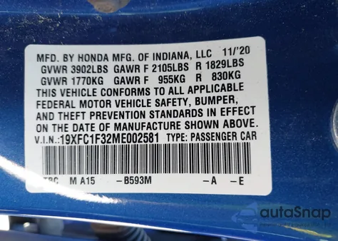 2021 Honda Civic Ex z USA, uszkodzony, nr VIN 19XFC1F32ME002581